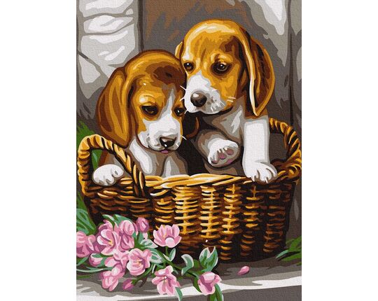 Puppies in a basket paint by numbers