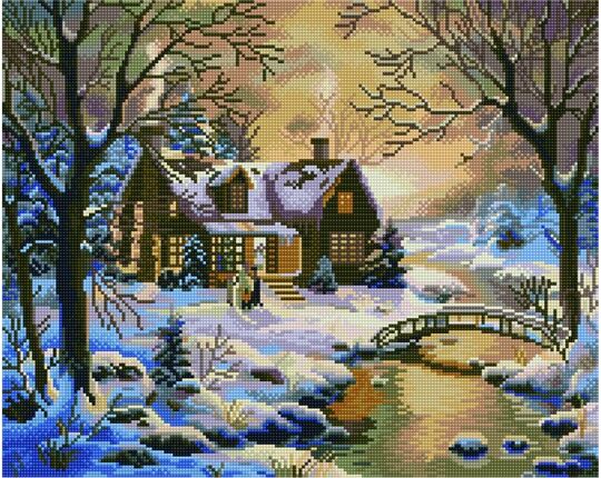Winter house in the woods diamond painting