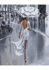 In a white dress in the rain