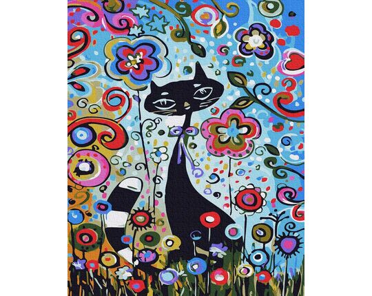 Kitty among the flowers paint by numbers