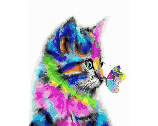 A cat and a butterfly in colorful tones paint by numbers