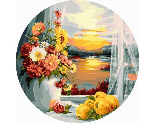 Window to the golden twilight 40x40 cm on a round frame paint by numbers