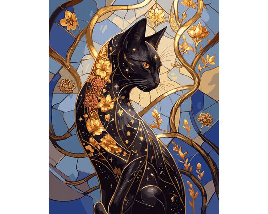 Golden flowers and a black cat 40x50 cm paint by numbers