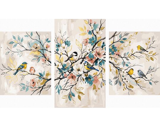 Birdsong on the branches Triptych 70x120 cm paint by numbers