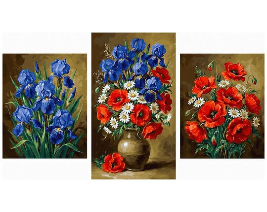 Irises, poppies and daisies Triptych 70x120 cm paint by numbers