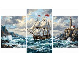 A ship on stormy waves Triptych 70x120 cm