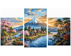 The tranquility of the Japanese mountains Triptych 70x120 cm