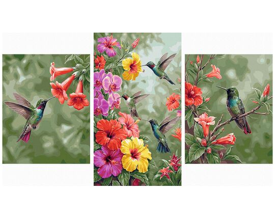 Beautiful fluttering hummingbirds Triptych 70x120 cm paint by numbers