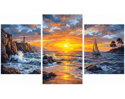 Sunset over the rocky coast Triptych 70x120 cm