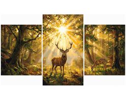 Deers in a sunlit forest Triptych 70x120 cm