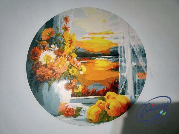 Window to the golden twilight 40x40 cm on a round frame